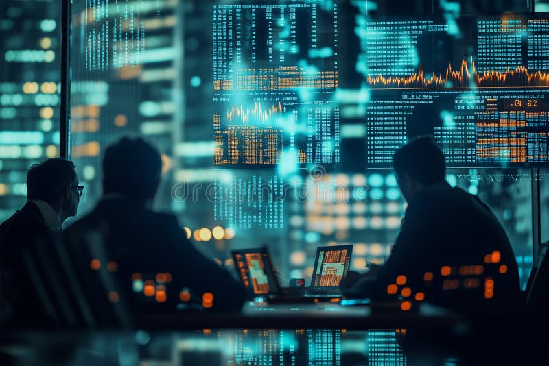 High-tech stock market trading hub with analysts reviewing data in a modern office stock photos