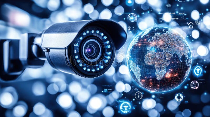 High-tech surveillance camera monitoring digital globe with illuminated data connections royalty free stock photo