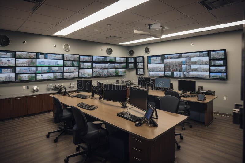 Hightech Surveillance Room, with Multiple Security Cameras and