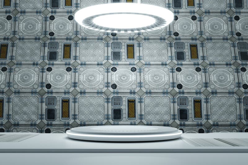 High-tech white product podium platform studio in spaceship with electric password safe box and engine background. Hi-tech stage stock illustration