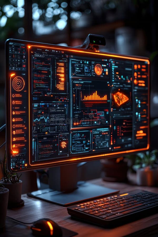 High-tech workstation with a futuristic digital screen interface stock photo
