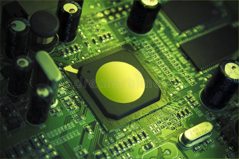 Futuristické vysoká technológia čipu, obklopený kondenzátory, microcircuitry kremeňa.