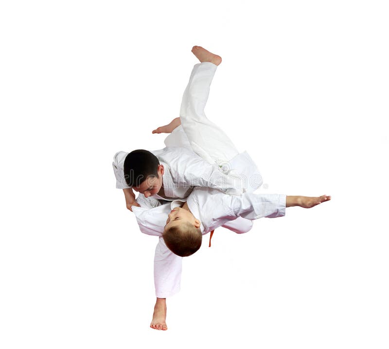 High Throw Judo Are Doing Athletes On A White Background Isolated Stock
