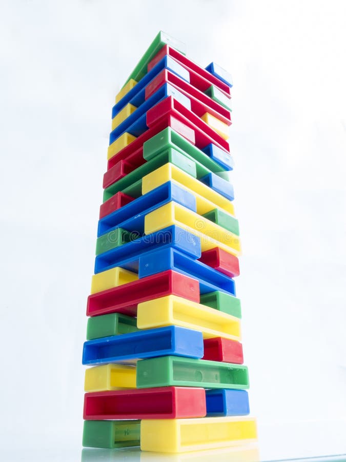 High toy tower of colored blocks