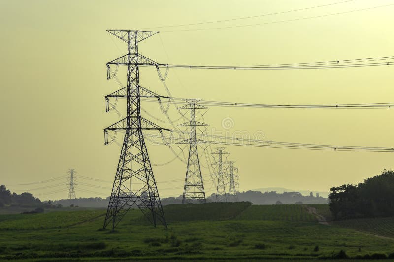 High Voltage Electricity Distribution Pole with Trees Shadow at Sunset
