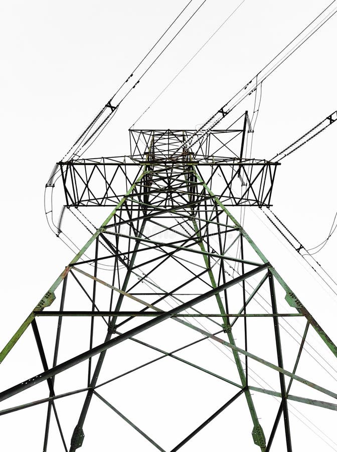 High Voltage Electricity Transmission Lines on White Background Stock