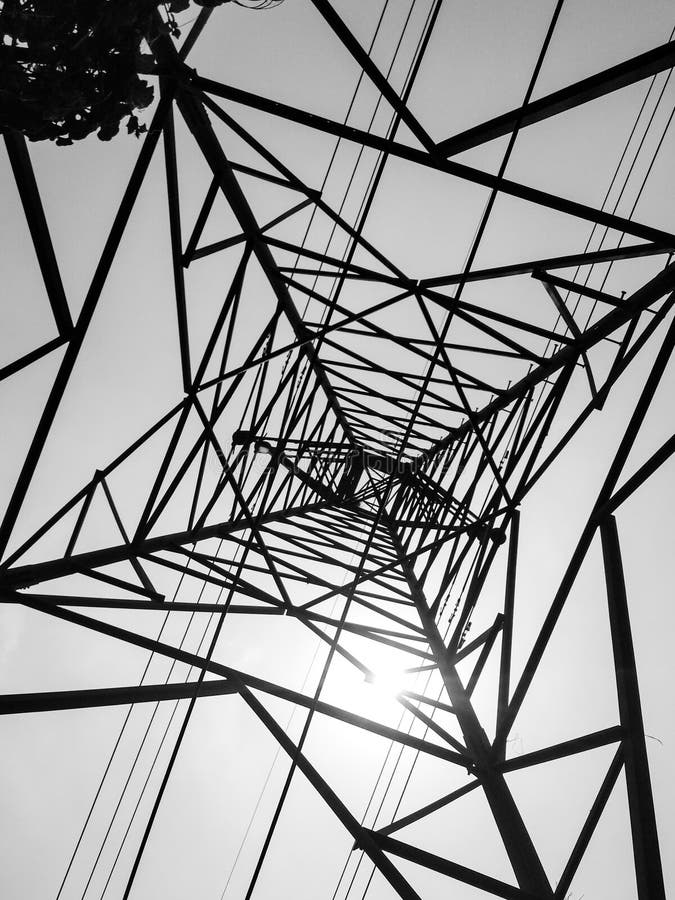 High Voltage Post Power Line Overhead Cables from Bottom View. Stock