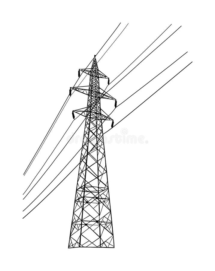 High voltage power line electric transmission tower vector silhouette isolated on white. Electricity production, distribution.