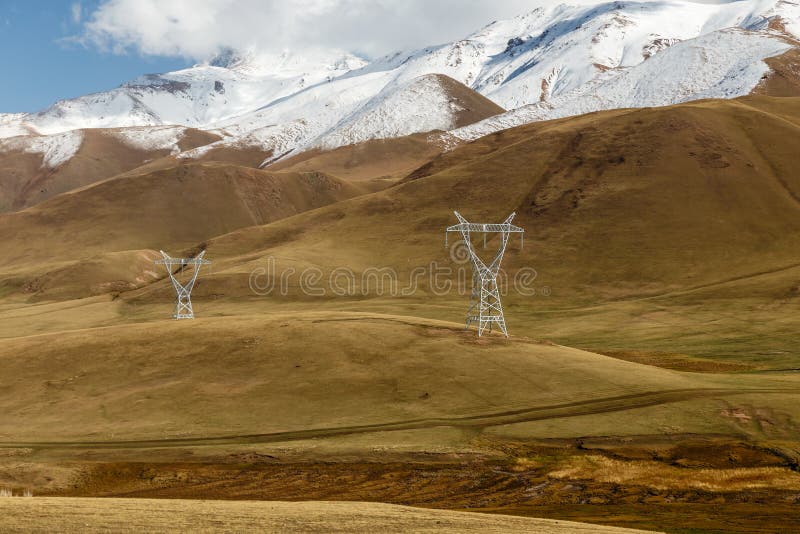 High voltage power line in Kyrgyzstan stock images