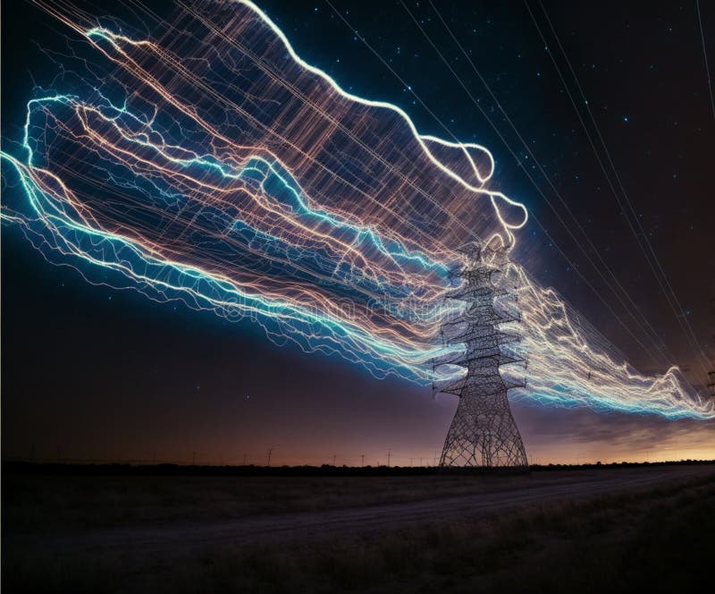 High Voltage Power Line with Lightning Flashes on a Night Landscape