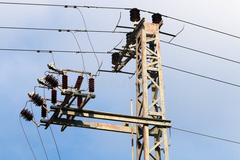 High Voltage Power Lines through Fields and Mountains in Israel Stock