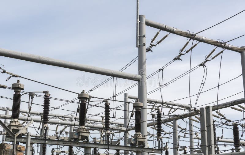 High voltage power transformer substation. Distribution electric substation with power lines royalty free stock photos High voltage power transformer substation. Distribution electric substation with power lines royalty free stock photos