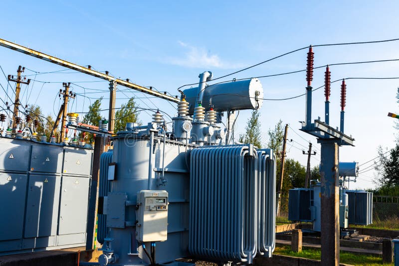 High voltage power transformer substation high voltage generator at evening or early morning outdoor