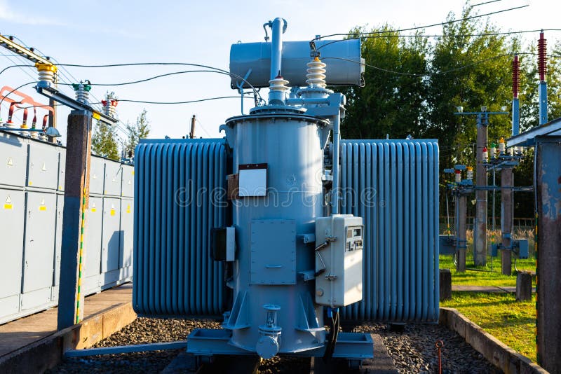 High voltage power transformer substation high voltage generator at evening or early morning outdoor