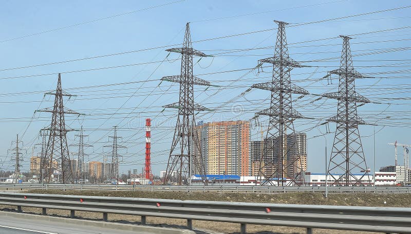 High-voltage transmission lines along the beltway, St. Petersburg, Russia. High-voltage transmission lines along the beltway, St. Petersburg, Russia