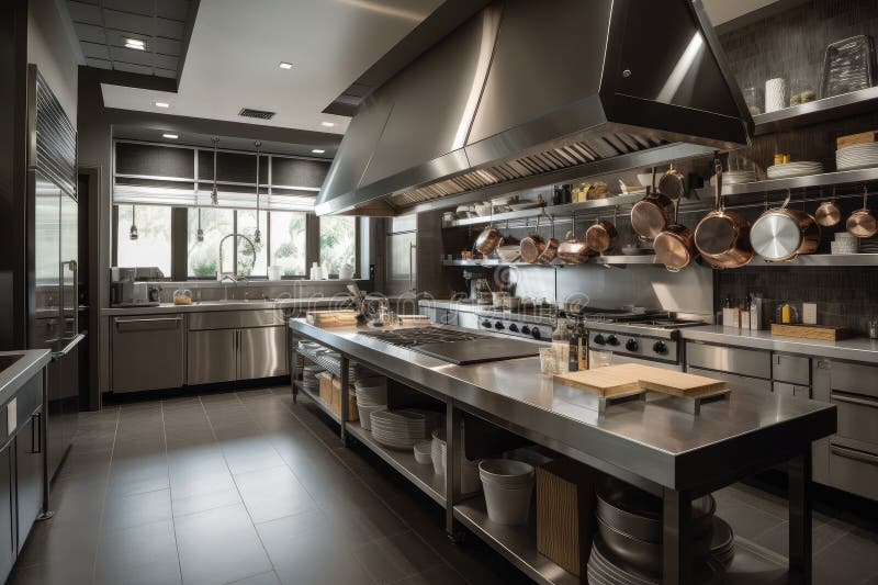 High-volume kitchen with dedicated stations for cooking, plating, and serving royalty free illustration