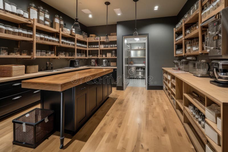 High-volume kitchen with fully stocked pantry, visible inventory, and organization royalty free illustration