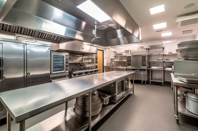 High-volume kitchen with smooth workflow, stocked with ingredients and tools vector illustration