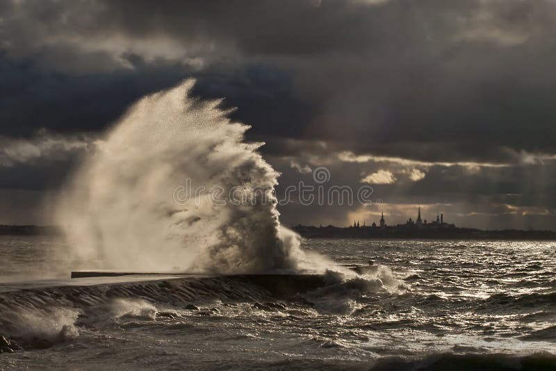 High wave at the pier stock photography