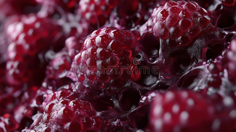 Highdetail hyperrealistic render of clustered ripe raspberries on wet surface royalty free illustration