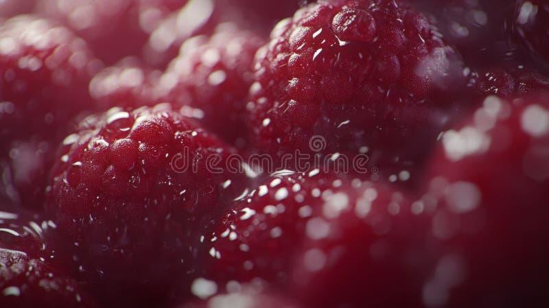 Highdetail hyperrealistic render of clustered ripe raspberries on wet surface royalty free illustration