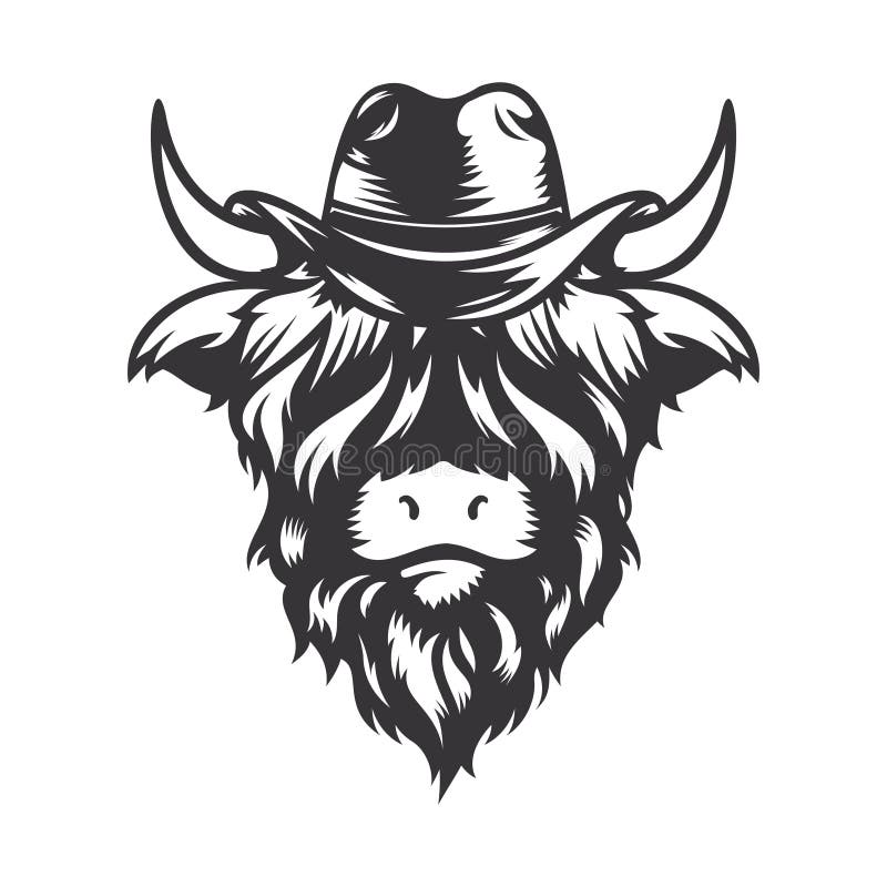 Highland cow wild west head design with cowboy hat. Farm Animal. Cows logos or icons. vector illustration