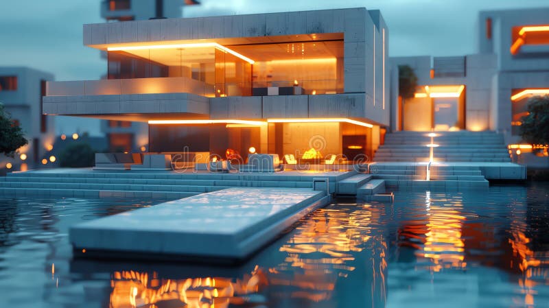 Highlight the unique architectural design elements in a close-up voxel rendering of a futuristic house, emphasizing the dynamic lighting effects ,Generative AI ,Generative AI