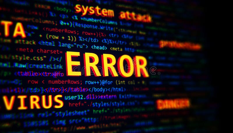 Highlighted ERROR text on colorful code background, representing software problems and system attack concept. 3D Rendering royalty free illustration