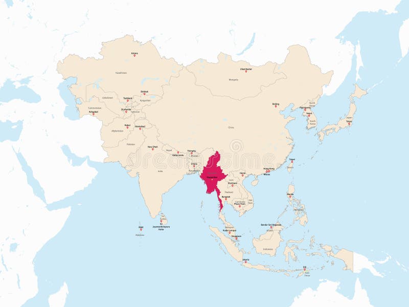 Highlighted Red Map Of MYANMAR Inside Light Red Map Of Asia With High Highlighted Red Map Myanmar Inside Light Red Map Asia High Details Highlighted Red Map Myanmar Inside Light Red 324079542