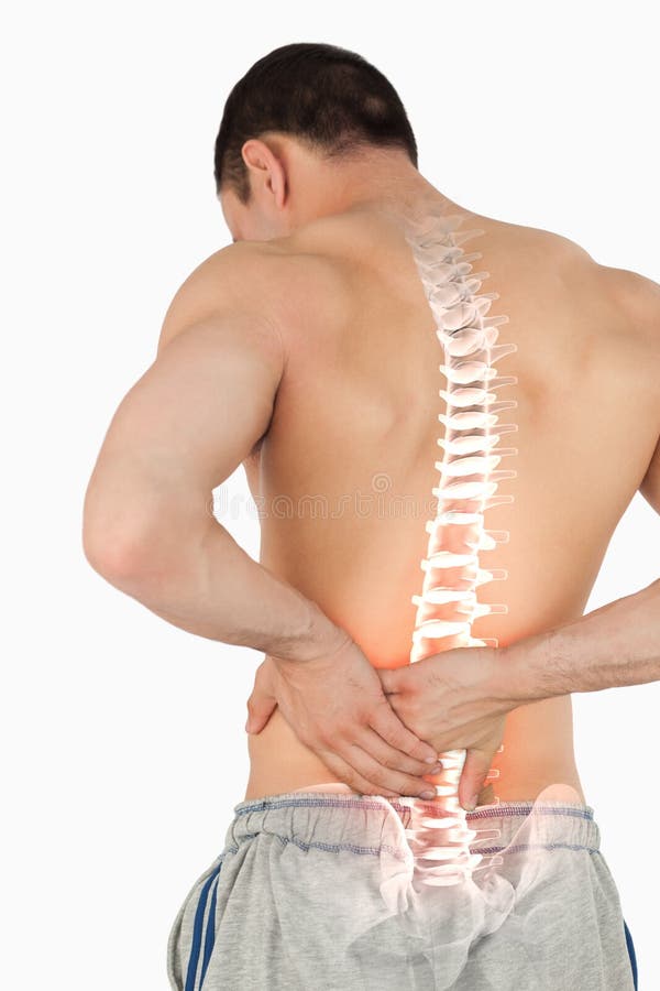Highlighted spine of man with back pain royalty free stock images