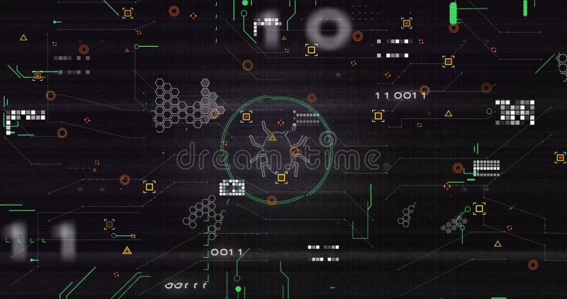 Highlighting bug icon pulsing within green scan indicator on grid, with binary code fragments stock illustration