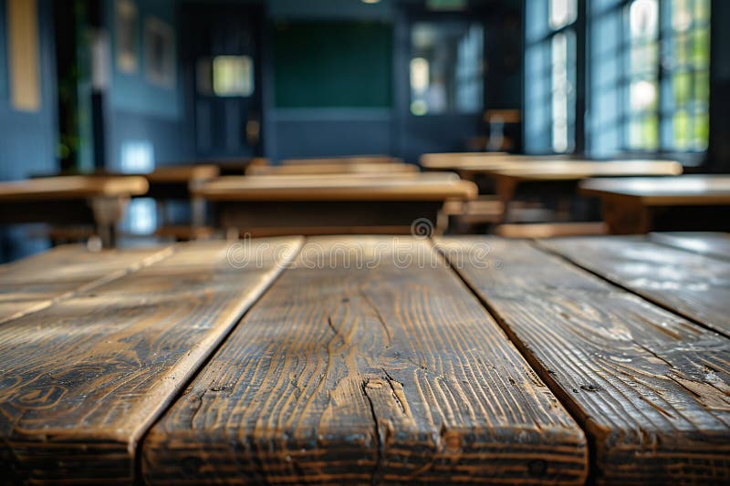 Highlighting close up of an empty wooden school desk in foreground, blurred classroom in background. vector illustration
