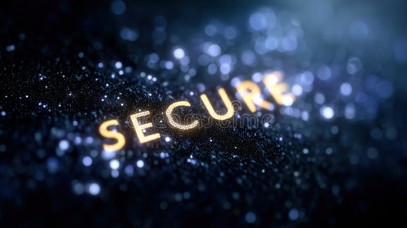 Highlighting encryption concept focuses on the word secure against a backdrop of random letters and numbers. Dark backdrop enhances digital security theme. AI generated