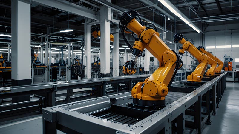 O fabrică foarte avansată în care roboții Ai manipulează toate procesele de producție. fără lucrători umani, numai mașini automate royalty free illustration
