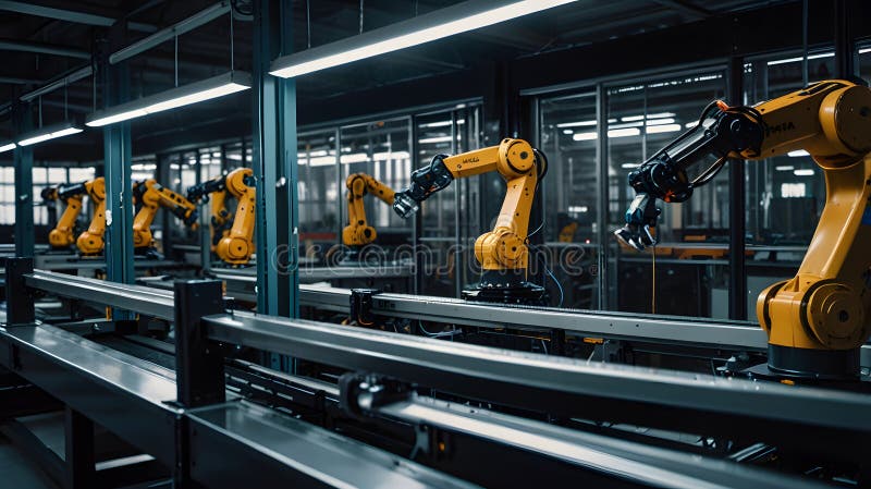 O fabrică foarte avansată în care roboții Ai manipulează toate procesele de producție. fără lucrători umani, numai mașini automate stock illustration
