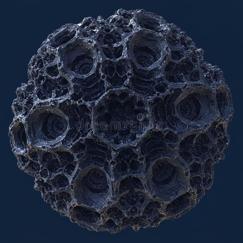 A highly detailed, computer-generated spherical object with a porous, network-like surface royalty free illustration