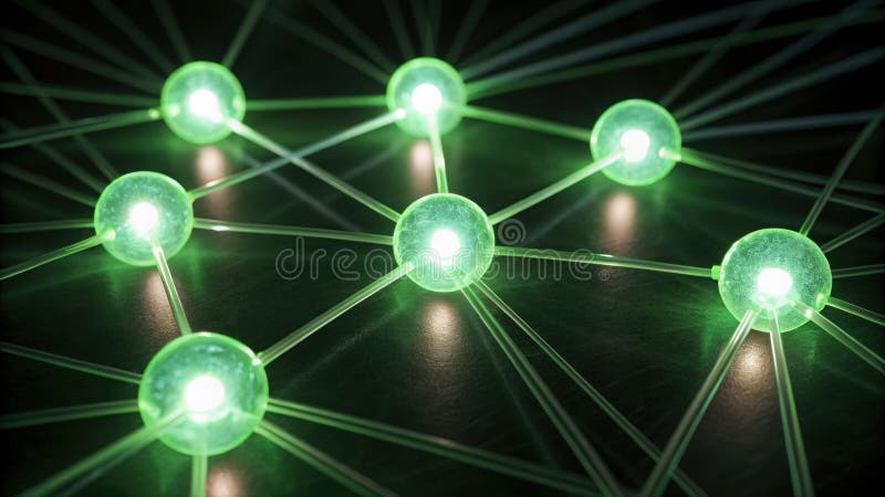 Highly detailed digital illustration of a glowing green network of interconnected points representing futuristic technology and vector illustration