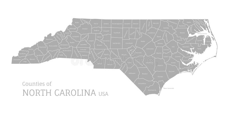 Highly Detailed Gray Map of North Carolina with County Lines, US State