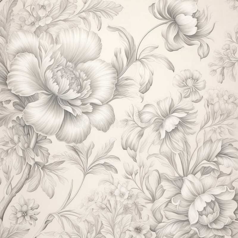 Highly Detailed Grey and White Floral Wallpaper with Pencil Art