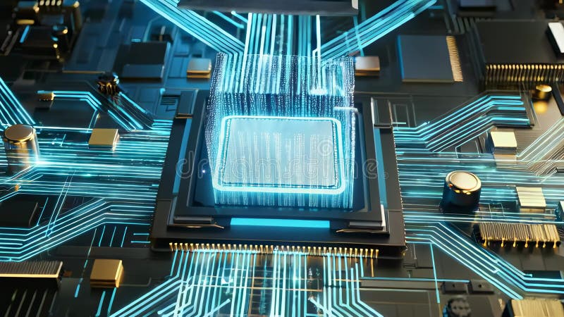 High-Tech 3D CPU Chip Animation, Futuristic Powerful Computer Processor Core, 4K Loop, vector illustration.