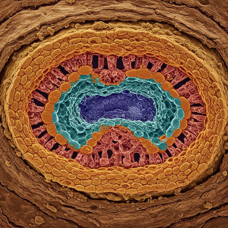 Highly detailed microscopic cross-section of a plant stem. The image displays distinct stock illustration