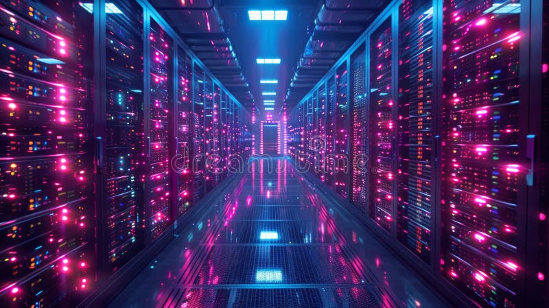 Highly detailed view of data center server room. Rows of server racks line both sides of a narrow corridor, each filled royalty free stock photo
