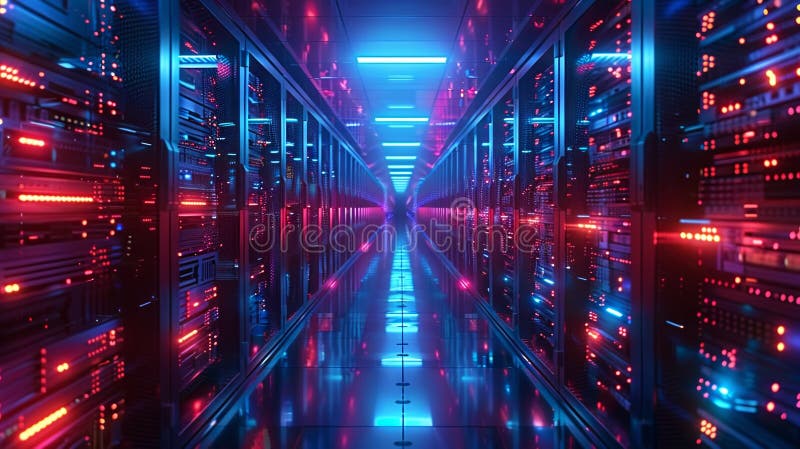 Highly detailed view of data center server room. Rows of server racks line both sides of a narrow corridor, each filled royalty free stock photos