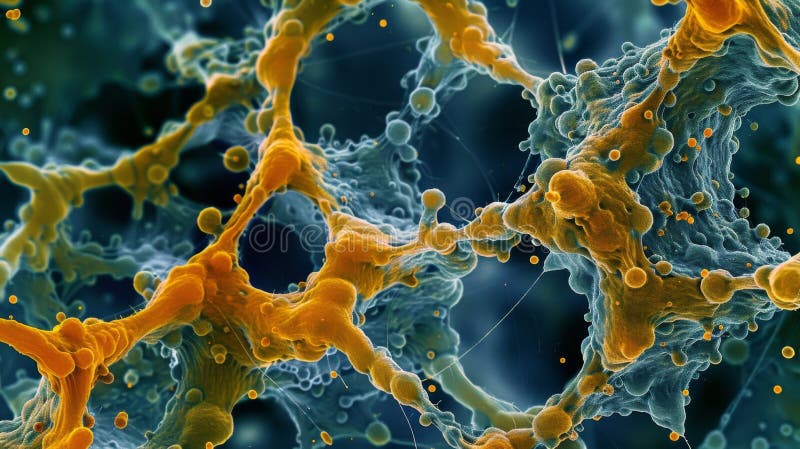 A highresolution image of the extracellular matrix of a biofilm showcasing its mazelike structure with numerous channels stock image