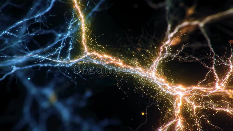 Highresolution microscopic view highlighting electric pulses triggering bright neural branch growth in a digital brain vector illustration