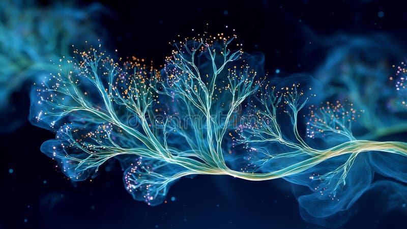 Highresolution microscopic view highlighting electric pulses triggering bright neural branch growth in a digital brain stock illustration