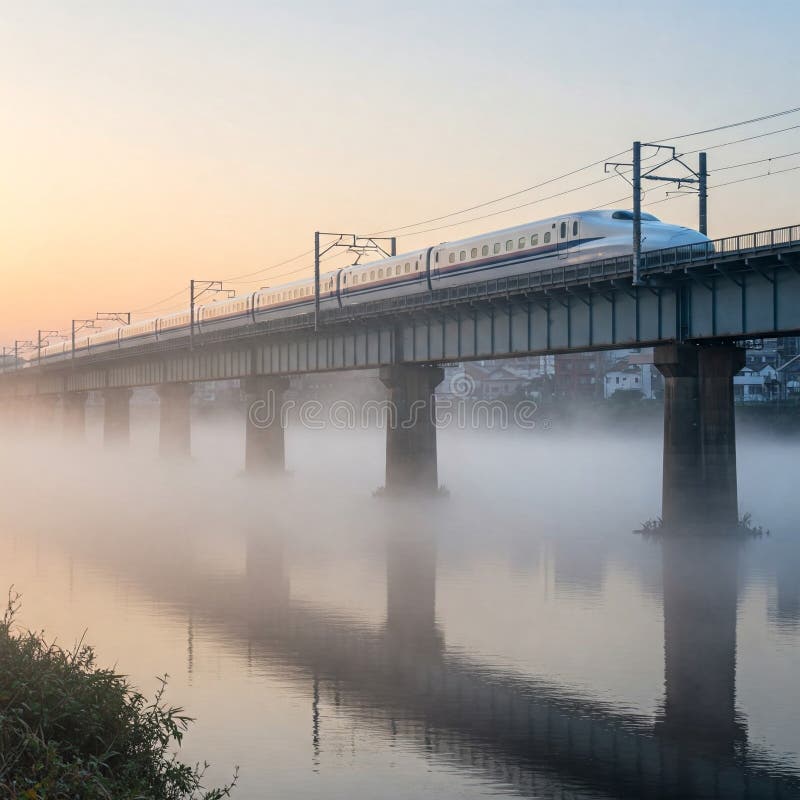 HighSpeed Bullet Train Traversarea unui pod Misty River stock illustration