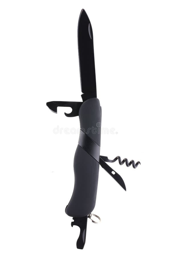 Hight quality black brutal pocketknife multitool unfolded stock photos