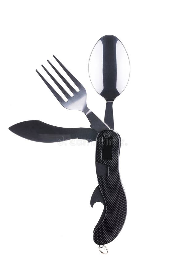 Hight quality black eating utensil multi-tool unfolded stock image