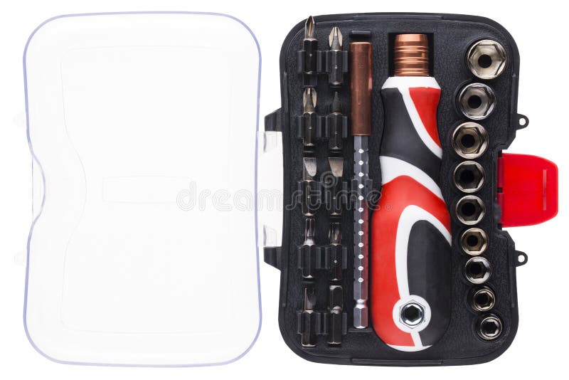 Hight quality black and red brutal multitool set in case with nozzles royalty free stock images